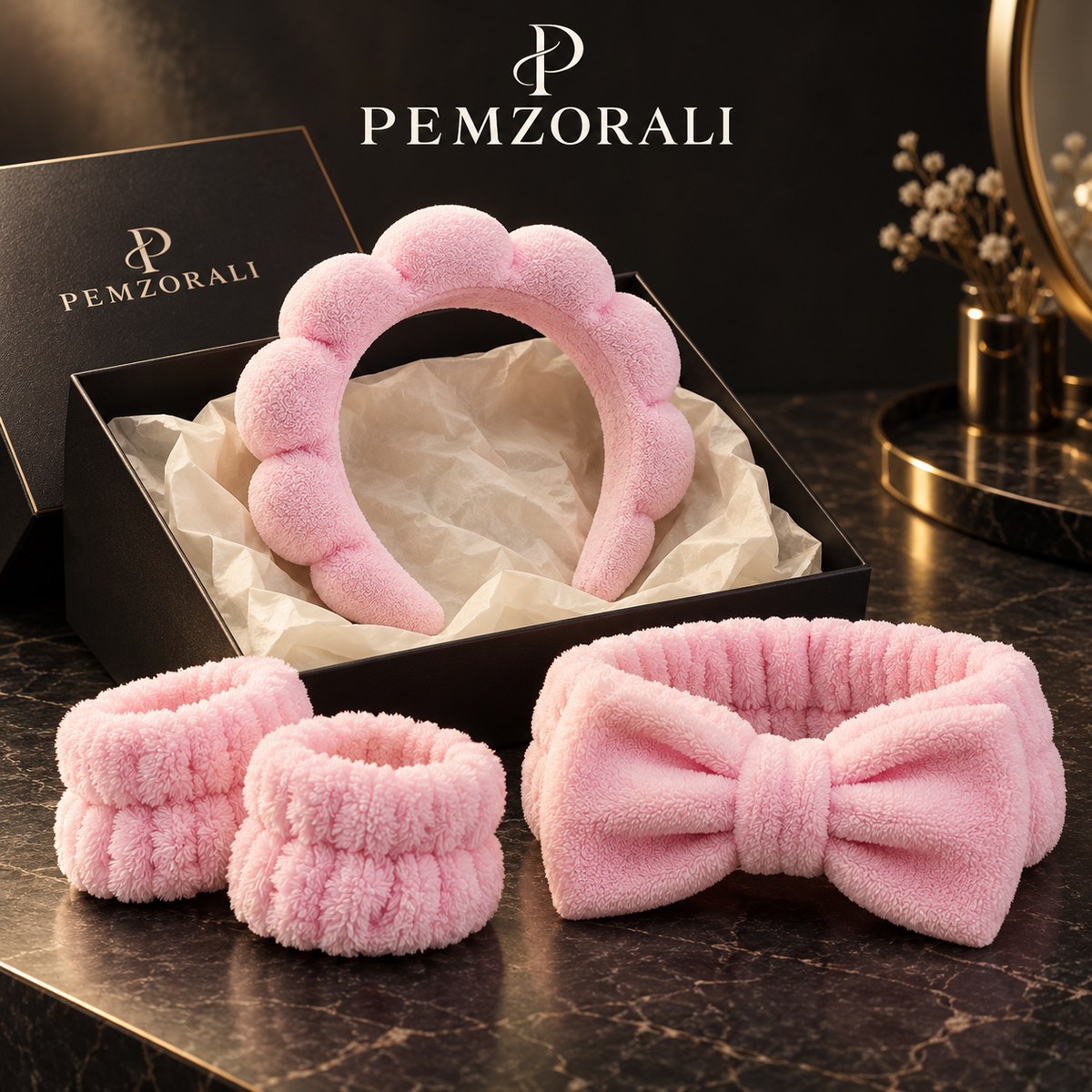 Pemzorali® Plush Headband & Wristband Set – 4 Pieces