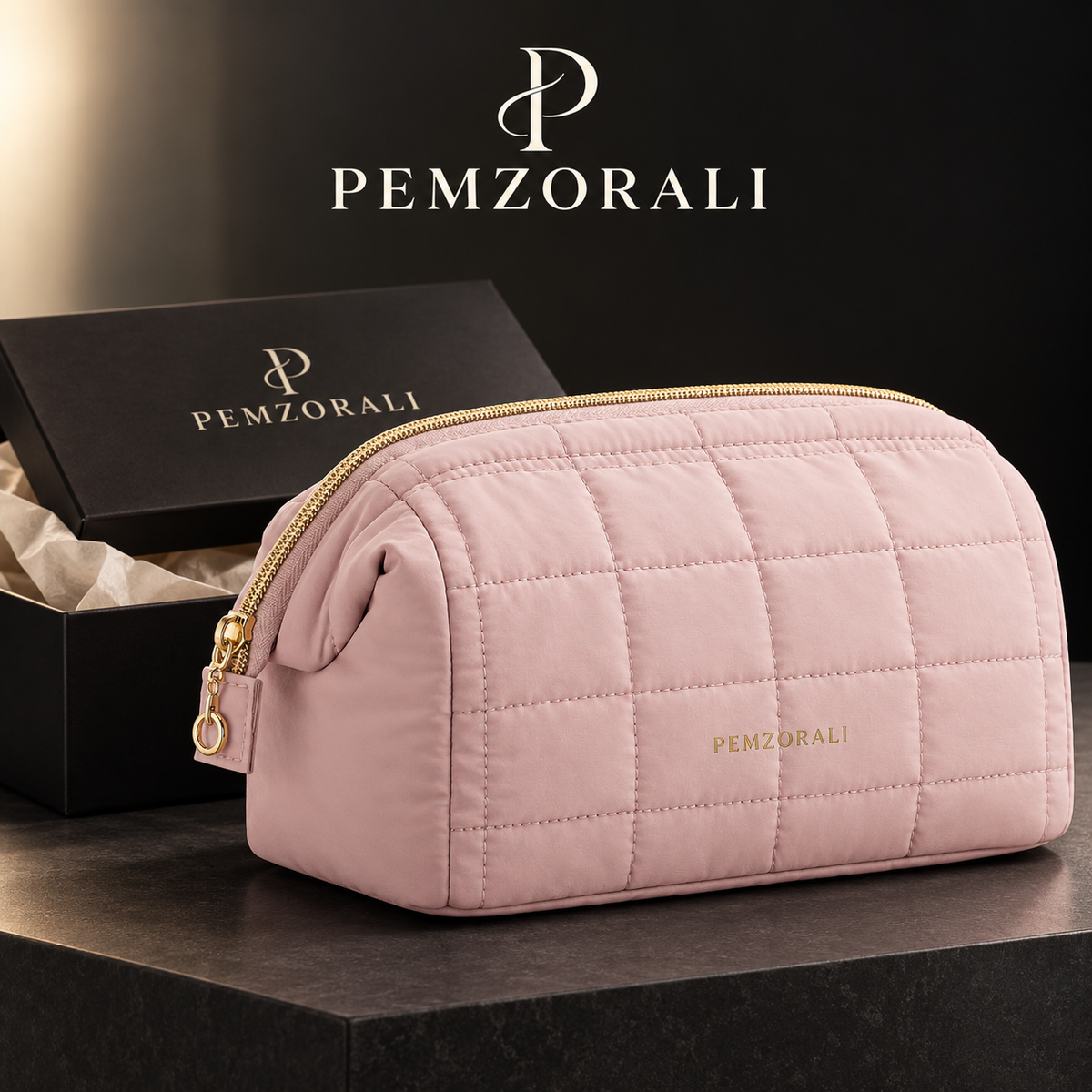 Pemzorali® Quilted Wide-Opening Makeup Bag